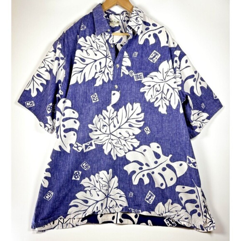 Vintage Go Barefoot Hawaiian Shirt Men 2XL Blue White Floral Leaf‎ Aloha Popover